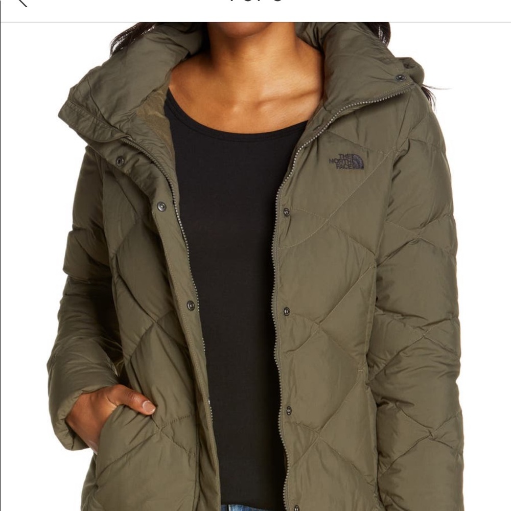 North face quilted puffer coat in “new taupe green.”